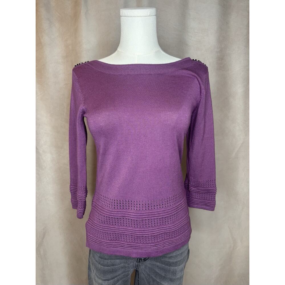 Sienna Sage Purple Knit Top XS Petite 3/4 Sleeve Boatneck Stretch Sweater